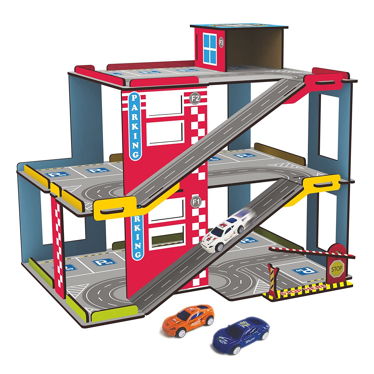 Webby Multilevel Parking Garage Playset with Pullback Metal Cars, Parking Gate, Sign Boards and Helicopter for Boys and Girls