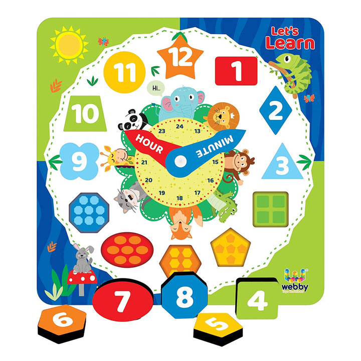 Webby Wooden Early Educational Teaching Clock-Time & Shapes Sorting Toy