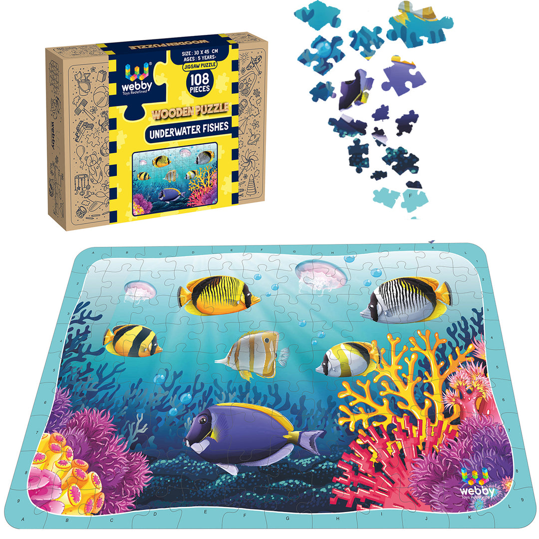 Webby Underwater Fishes Wooden Jigsaw Puzzle, 108 Pieces- Multicolour