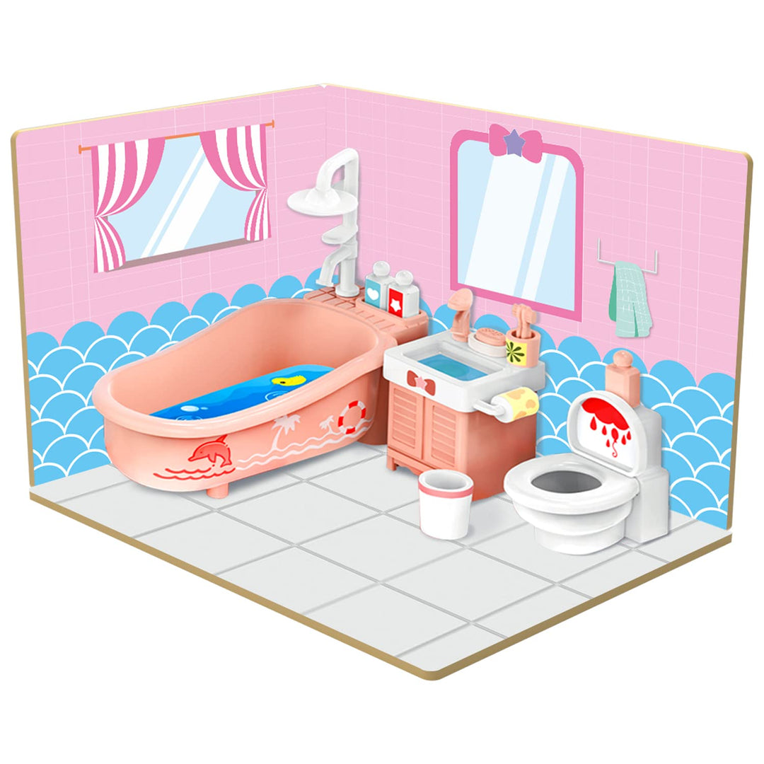 Webby DIY Bath Room Wooden Doll House with Plastic Furniture