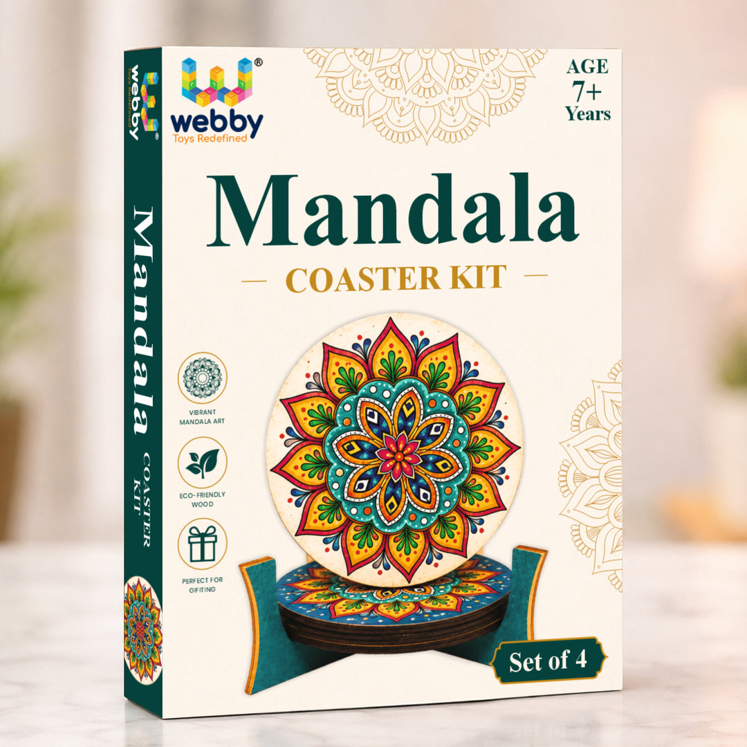 Webby DIY Art and Craft Wooden Mandala Coaster Set | Ages 7+ Years, Includes Paints & Brush, Pre-Engraved Designs, Eco-Friendly Wood, Display Stand Included