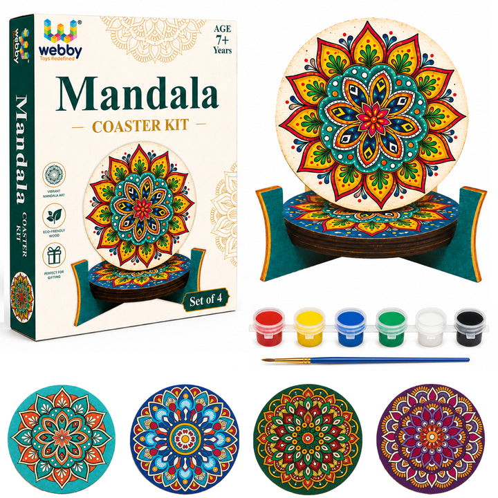 Webby DIY Art and Craft Wooden Mandala Coaster Set | Ages 7+ Years, Includes Paints & Brush, Pre-Engraved Designs, Eco-Friendly Wood, Display Stand Included