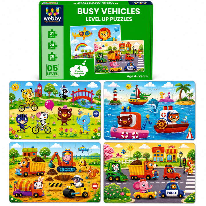 Webby Busy Vehicles Level Up Jigsaw Puzzles for Kids | 4 Puzzles in 1 Box, 21-28 Pieces per Puzzle, Ages 4+ Years