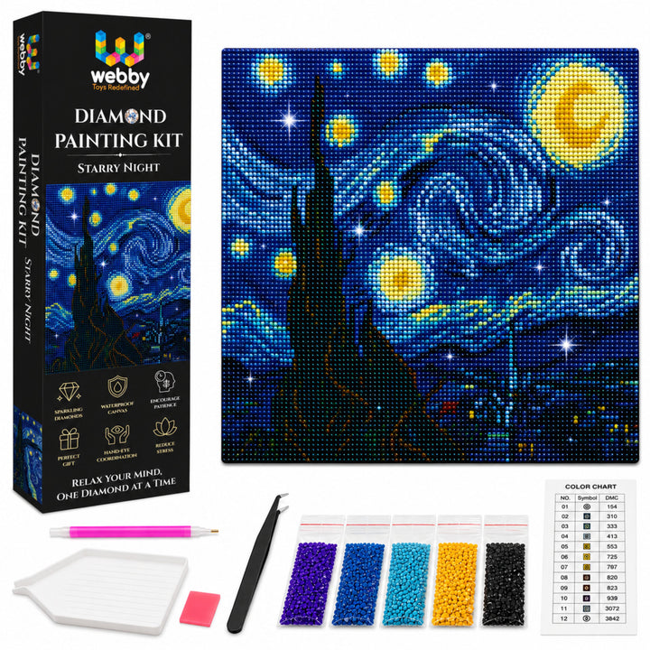 Webby DIY Starry Night 5D Diamond Painting Art and Craft Kit | Waterproof Canvas, Includes Diamond Pen, Stress Relief Activity, Resealable Storage Bags, Colour Chart Included