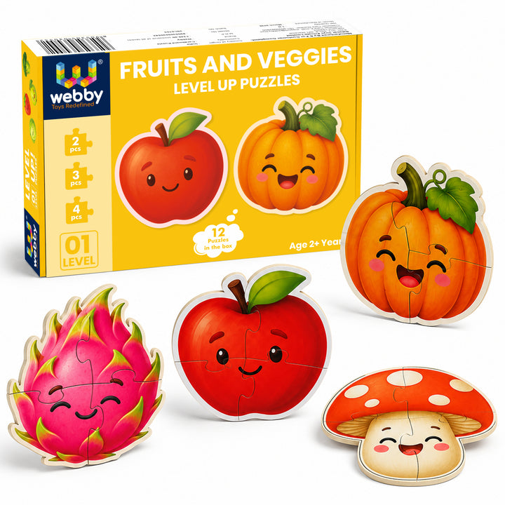 Webby Fruits and Vegetables Level Up Jigsaw Puzzle for Kids | 12 Puzzles in Box, Ages 2+ Years, Montessori Learning, 2-4 Piece Puzzles, Develops Motor Skills
