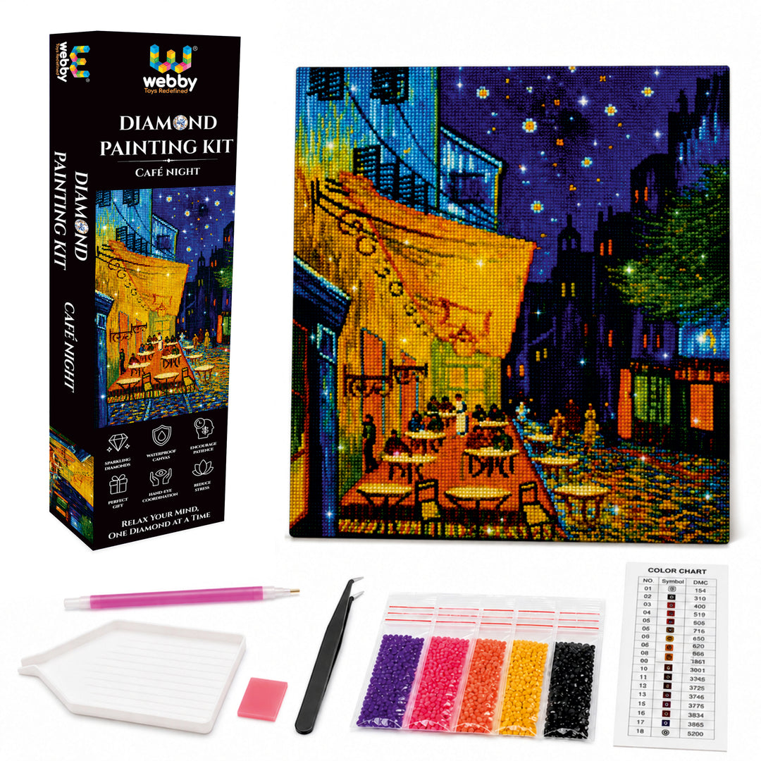 Webby Café Night 5D Diamond Painting Kit | Waterproof Canvas, 5D Diamond Beads, Includes Pen & Tweezer, Stress Relieving, For All Ages