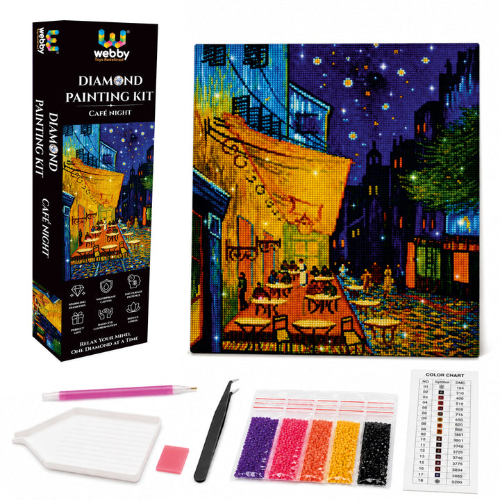 Webby Café Night 5D Diamond Painting Kit | Waterproof Canvas, 5D Diamond Beads, Includes Pen & Tweezer, Stress Relieving, For All Ages