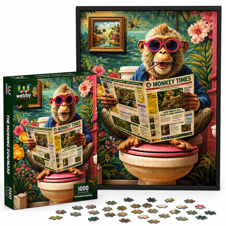 Webby The Morning Download Monkey Jigsaw Puzzle 1000 Pieces | Humorous Artwork, Vibrant Colours, For Adults & Families, Monkey Times Theme
