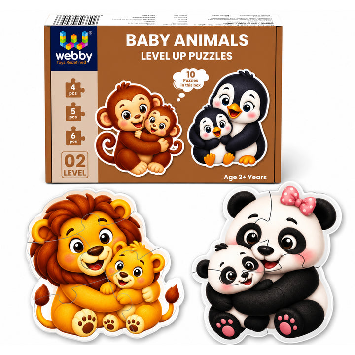 Webby Baby Animals Level Up Jigsaw Puzzle for Kids | 10 Puzzles in 1 Box, 4-6 Pieces per Puzzle, Age 2+ Years
