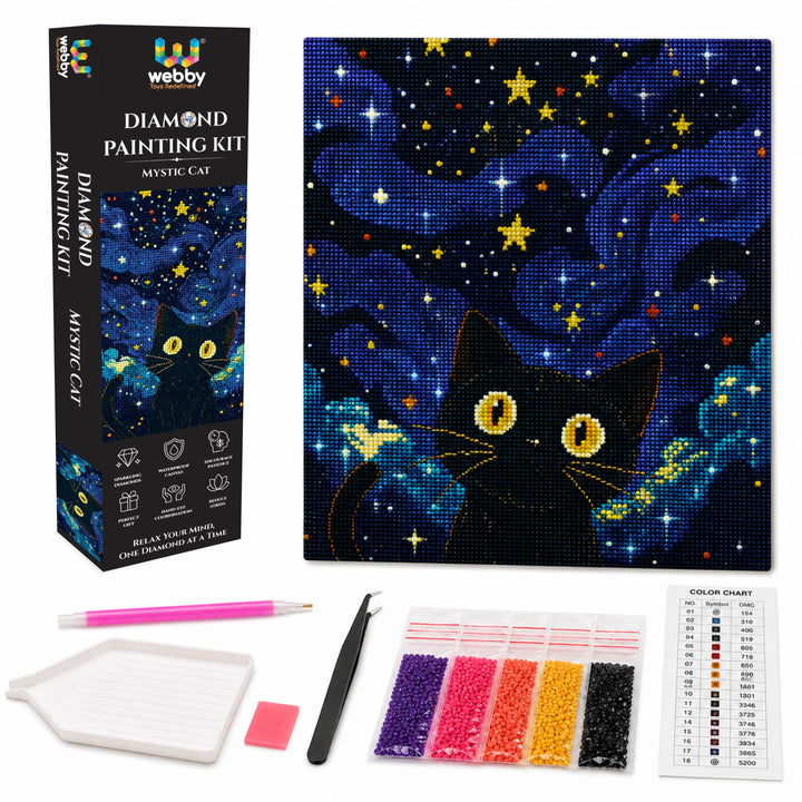 Webby Mystic Cat 5D Diamond Painting Art and Craft Kit | DIY Activity, Waterproof Canvas, 5D Crystal Diamonds, Includes Tools & Tray, Stress Relief