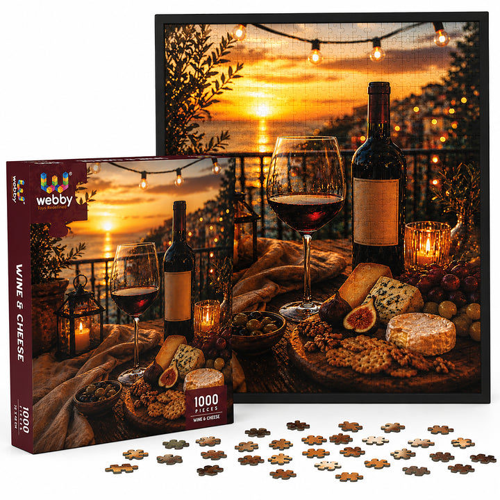 Webby Wine and Cheese Jigsaw Puzzle 1000 Pieces | Precision-Cut Pieces, Vibrant Rich Colours, Family Activity, Sunset Art Design