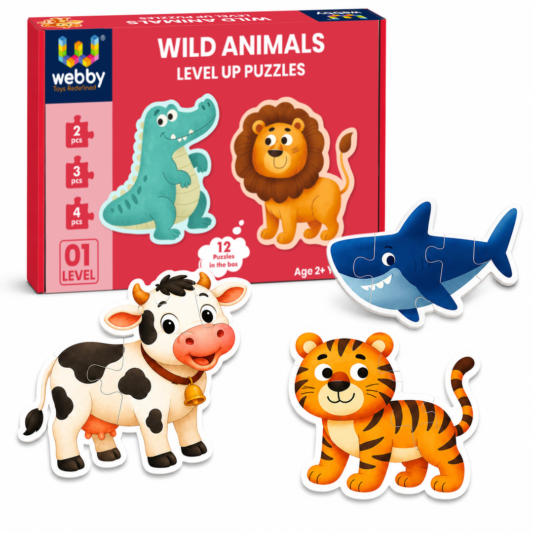 Webby Wild Animals Level Up Jigsaw Puzzles for Kids | 12 Puzzles in Box, 2 to 4 Piece Puzzles, Fine Motor Skills, Montessori Learning, Visual Recognition
