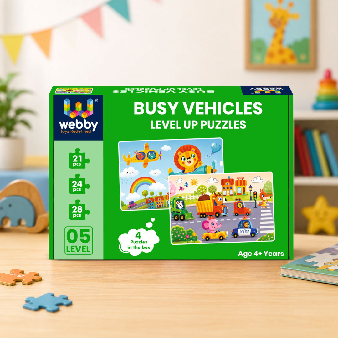 Webby Busy Vehicles Level Up Jigsaw Puzzles for Kids | 4 Puzzles in 1 Box, 21-28 Pieces per Puzzle, Ages 4+ Years