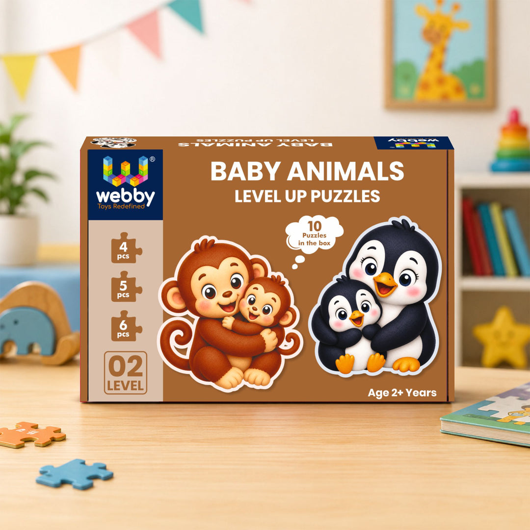 Webby Baby Animals Level Up Jigsaw Puzzle for Kids | 10 Puzzles in 1 Box, 4-6 Pieces per Puzzle, Age 2+ Years