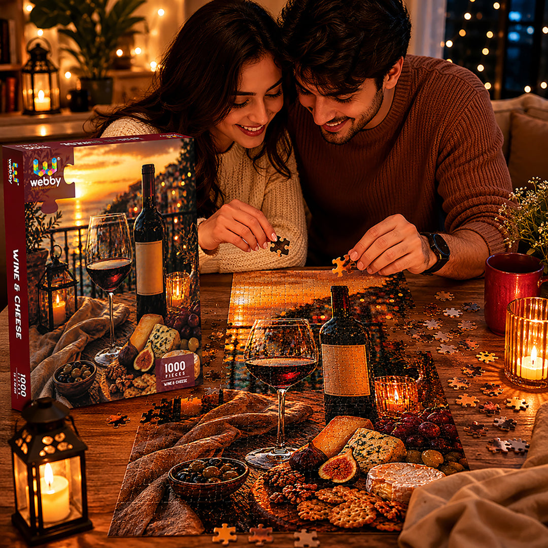 Webby Wine and Cheese Jigsaw Puzzle 1000 Pieces | Precision-Cut Pieces, Vibrant Rich Colours, Family Activity, Sunset Art Design