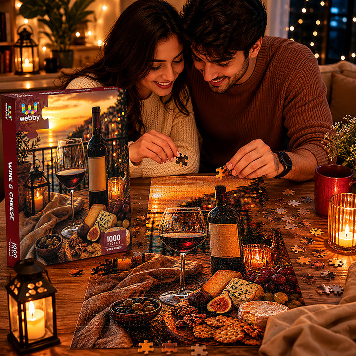 Webby Wine and Cheese Jigsaw Puzzle 1000 Pieces | Precision-Cut Pieces, Vibrant Rich Colours, Family Activity, Sunset Art Design