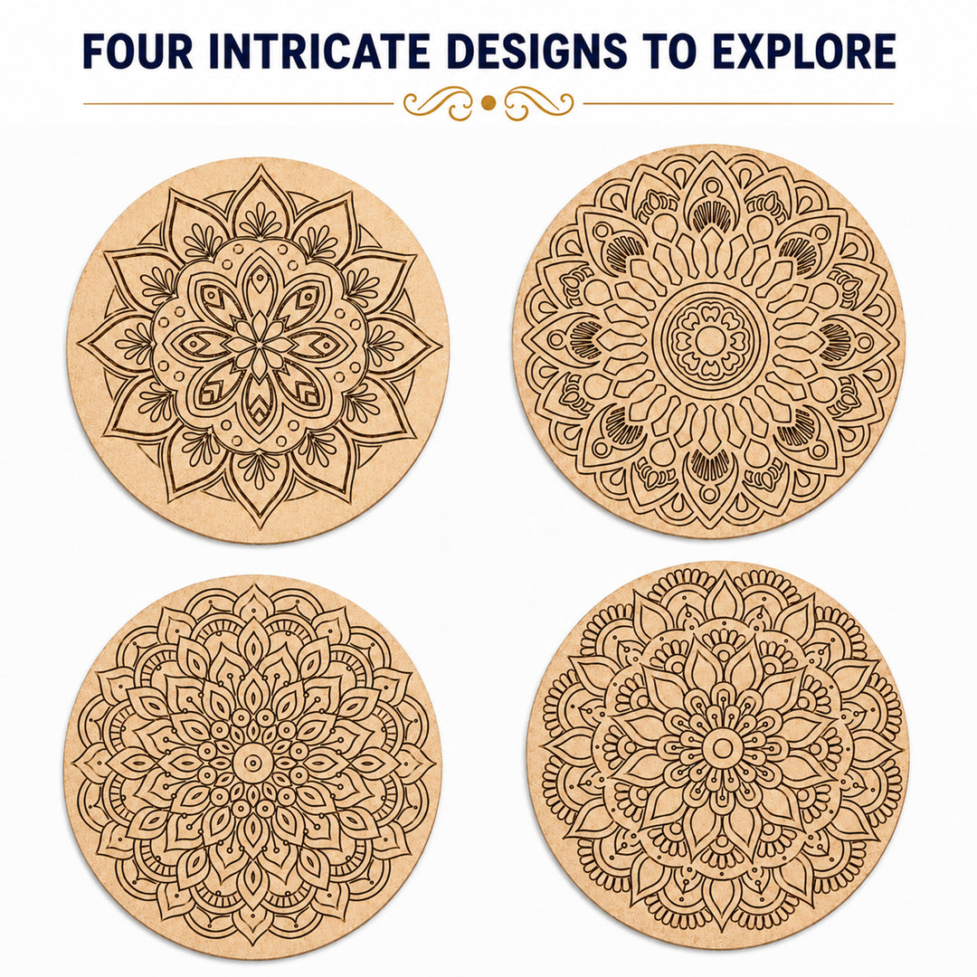 Webby DIY Art and Craft Wooden Mandala Coaster Set | Ages 7+ Years, Includes Paints & Brush, Pre-Engraved Designs, Eco-Friendly Wood, Display Stand Included