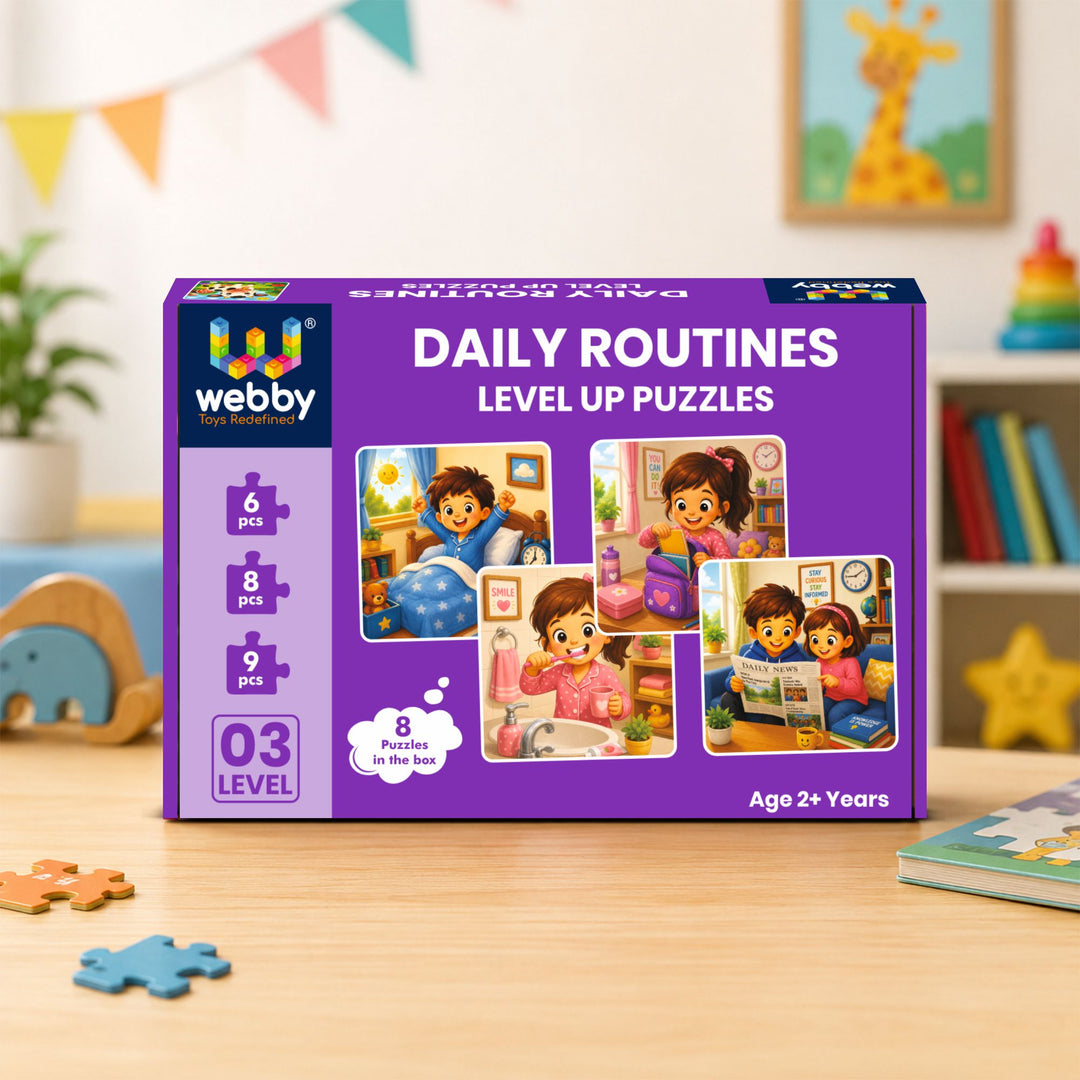 Webby Daily Routines Level Up Jigsaw Puzzle for Kids | 8 Puzzles in Box, 3 Difficulty Levels, 6-9 Pieces per Puzzle, Age 2+ Years