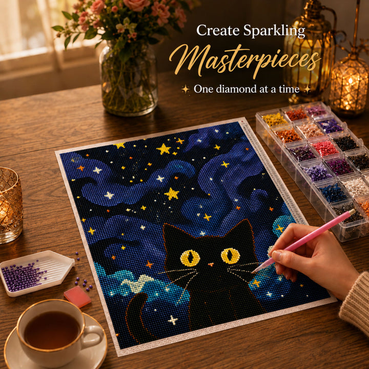 Webby Mystic Cat 5D Diamond Painting Art and Craft Kit | DIY Activity, Waterproof Canvas, 5D Crystal Diamonds, Includes Tools & Tray, Stress Relief