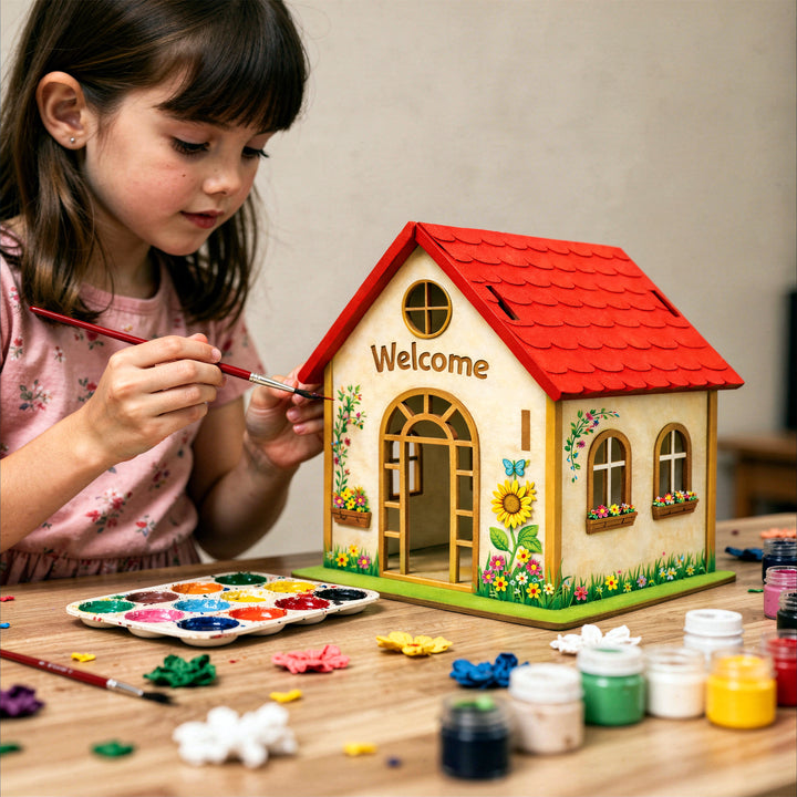 Webby Wooden DIY Paint House Art and Craft Toy | Birthday Return Gift | Colour Paint Activity Kit for Kids