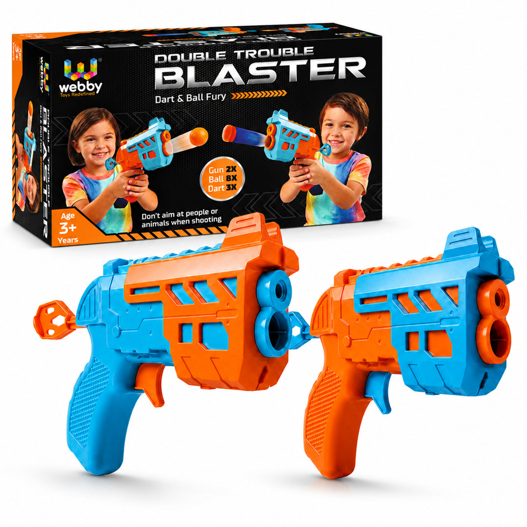 Webby Double Trouble Blaster Toy Gun with Soft Foam Bullets for Kids | 2 Guns Included, 8 Balls & 3 Darts, Dart & Ball Fury, For Ages 3+, 2-Player Battle Set