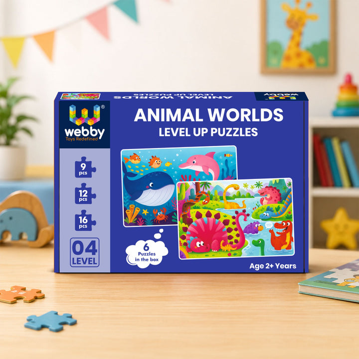 Webby Animal Worlds Level Up Jigsaw Puzzles for Kids | 6 Puzzles in 1 Box, 9, 12 & 16 Pieces, Ages 2+ Years