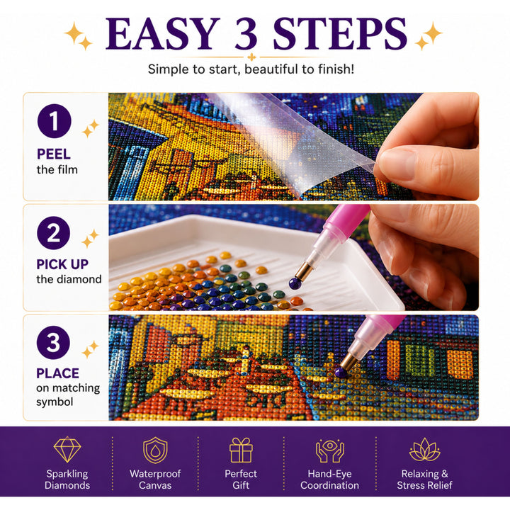 Webby Café Night 5D Diamond Painting Kit | Waterproof Canvas, 5D Diamond Beads, Includes Pen & Tweezer, Stress Relieving, For All Ages