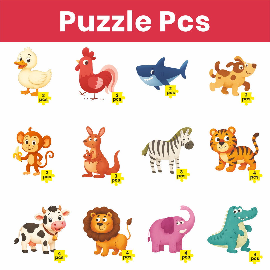 Webby Wild Animals Level Up Jigsaw Puzzles for Kids | 12 Puzzles in Box, 2 to 4 Piece Puzzles, Fine Motor Skills, Montessori Learning, Visual Recognition