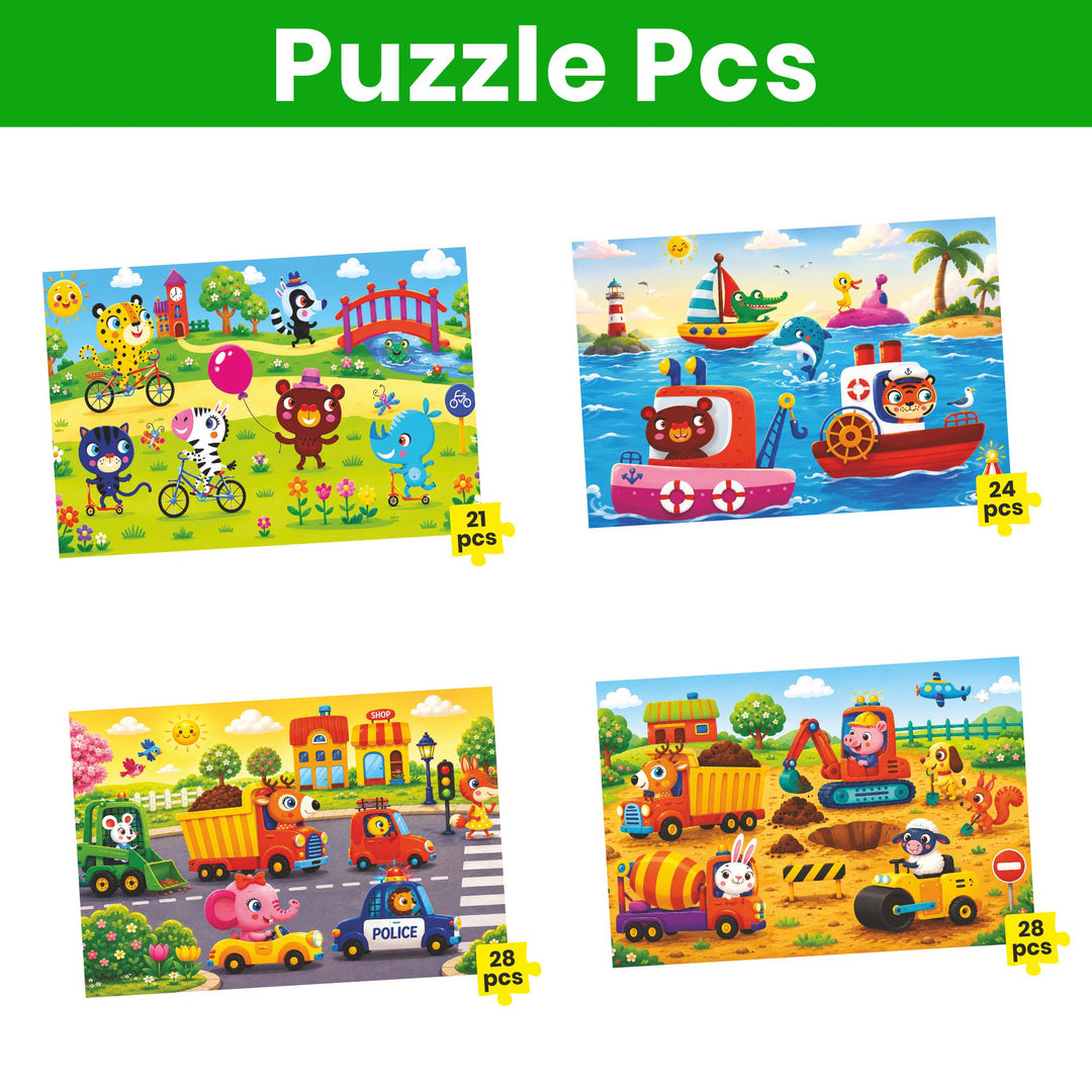 Webby Busy Vehicles Level Up Jigsaw Puzzles for Kids | 4 Puzzles in 1 Box, 21-28 Pieces per Puzzle, Ages 4+ Years