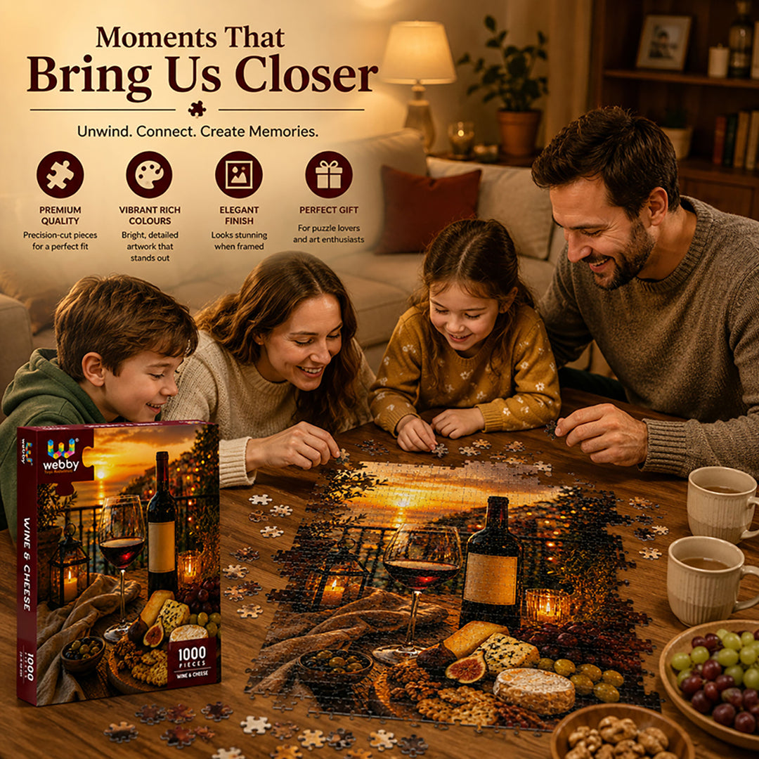 Webby Wine and Cheese Jigsaw Puzzle 1000 Pieces | Precision-Cut Pieces, Vibrant Rich Colours, Family Activity, Sunset Art Design