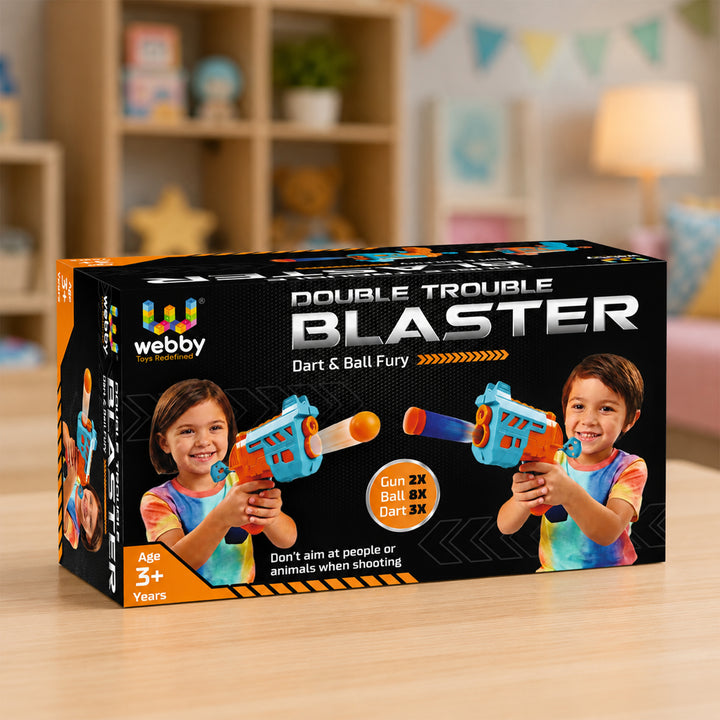 Webby Double Trouble Blaster Toy Gun with Soft Foam Bullets for Kids | 2 Guns Included, 8 Balls & 3 Darts, Dart & Ball Fury, For Ages 3+, 2-Player Battle Set
