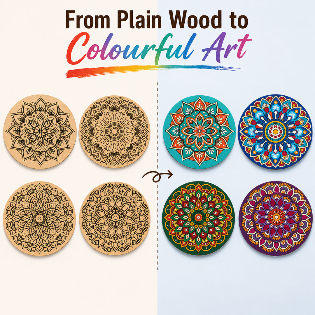 Webby DIY Art and Craft Wooden Mandala Coaster Set | Ages 7+ Years, Includes Paints & Brush, Pre-Engraved Designs, Eco-Friendly Wood, Display Stand Included