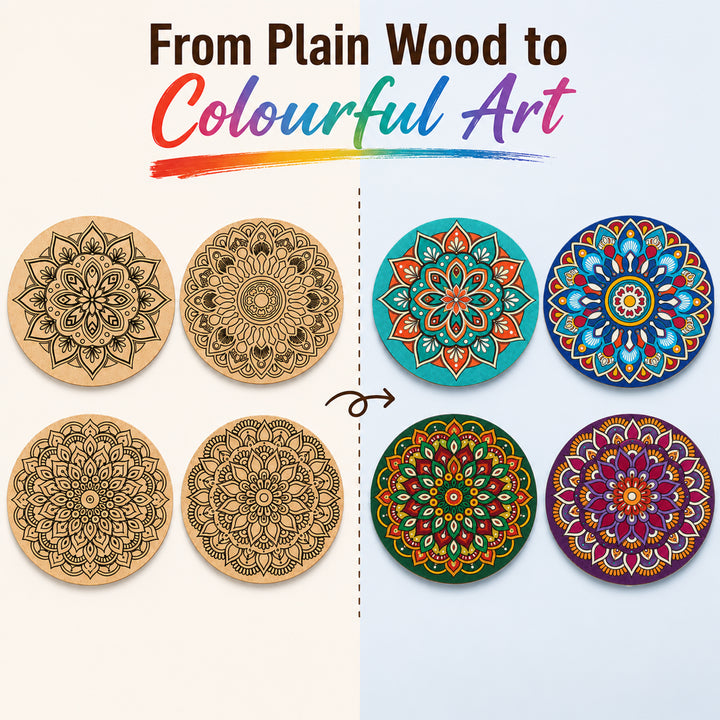 Webby DIY Art and Craft Wooden Mandala Coaster Set | Ages 7+ Years, Includes Paints & Brush, Pre-Engraved Designs, Eco-Friendly Wood, Display Stand Included