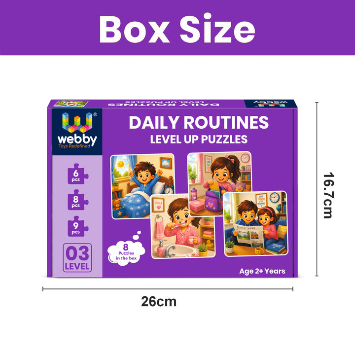 Webby Daily Routines Level Up Jigsaw Puzzle for Kids | 8 Puzzles in Box, 3 Difficulty Levels, 6-9 Pieces per Puzzle, Age 2+ Years