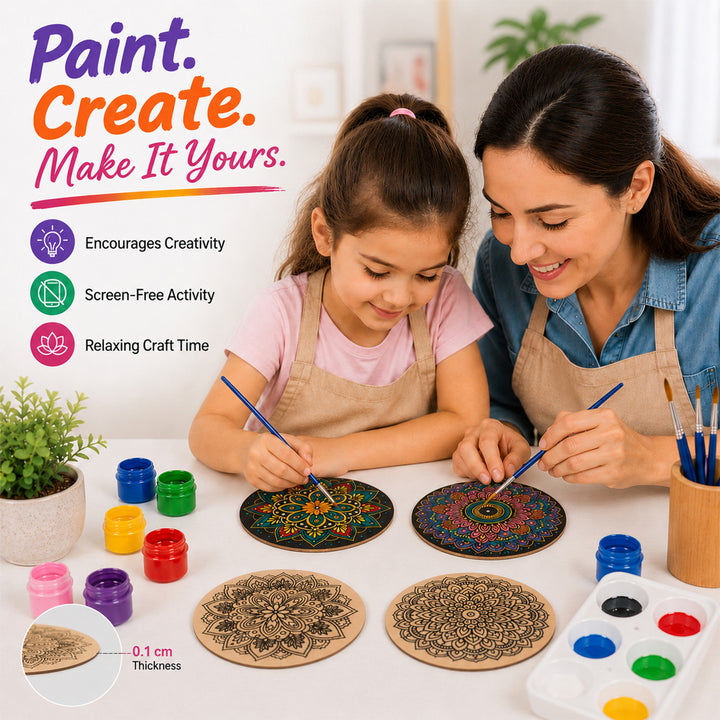 Webby DIY Art and Craft Wooden Mandala Coaster Set | Ages 7+ Years, Includes Paints & Brush, Pre-Engraved Designs, Eco-Friendly Wood, Display Stand Included