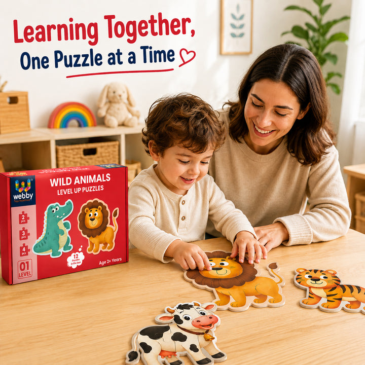 Webby Wild Animals Level Up Jigsaw Puzzles for Kids | 12 Puzzles in Box, 2 to 4 Piece Puzzles, Fine Motor Skills, Montessori Learning, Visual Recognition