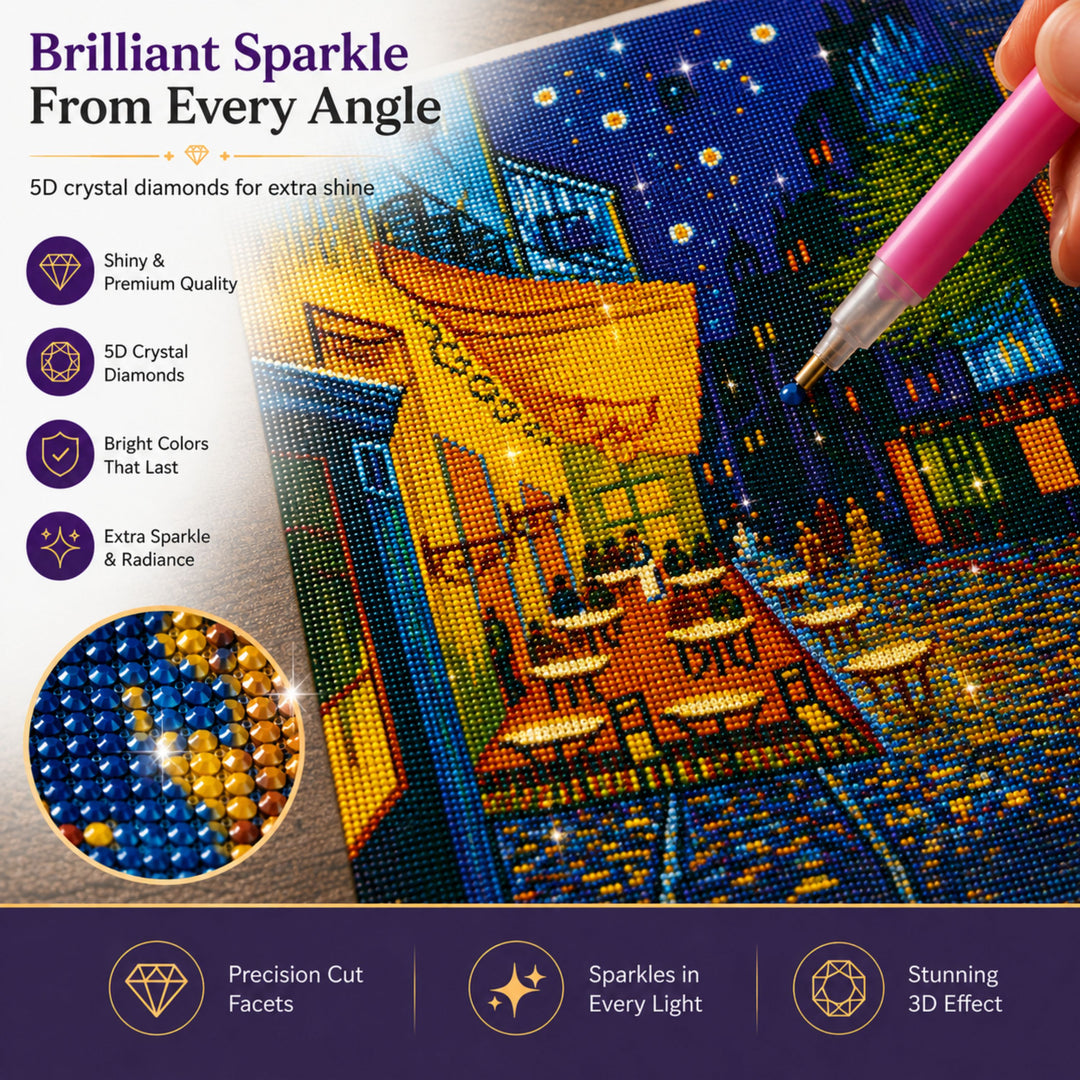 Webby Café Night 5D Diamond Painting Kit | Waterproof Canvas, 5D Diamond Beads, Includes Pen & Tweezer, Stress Relieving, For All Ages