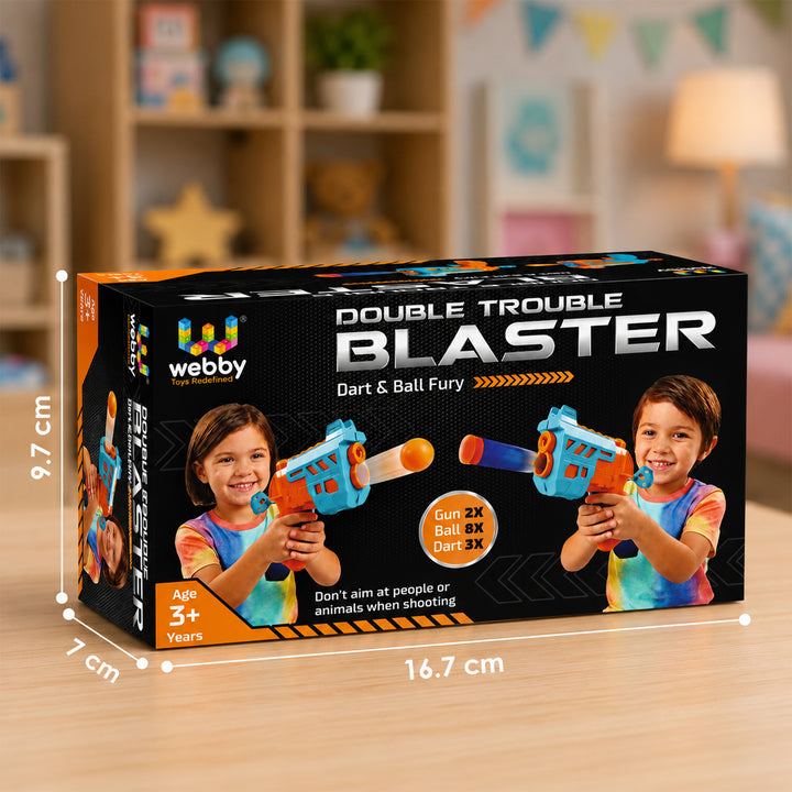 Webby Double Trouble Blaster Toy Gun with Soft Foam Bullets for Kids | 2 Guns Included, 8 Balls & 3 Darts, Dart & Ball Fury, For Ages 3+, 2-Player Battle Set