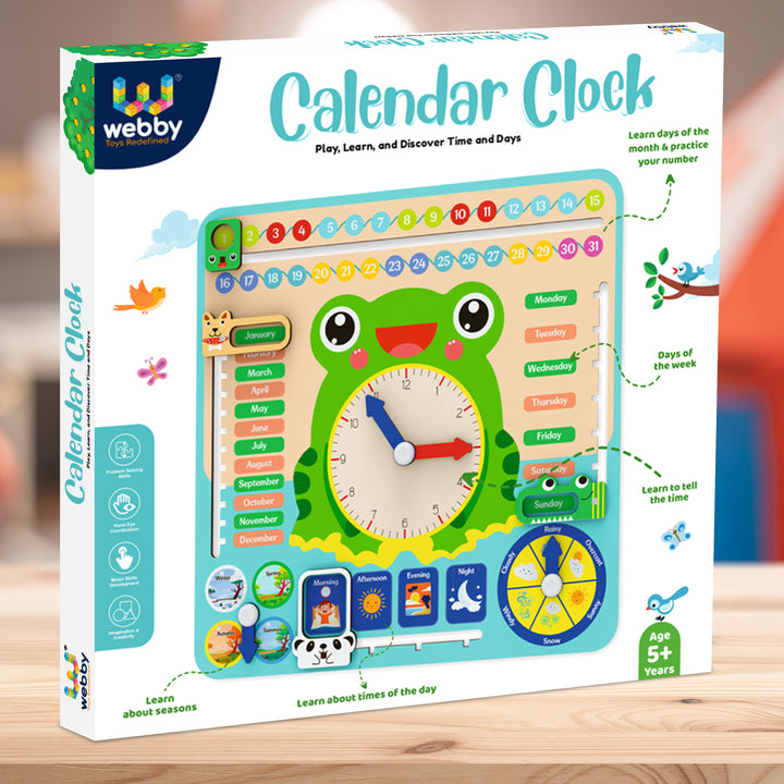 Webby Educational Frog Calendar | Learning Clock | Today's Date | Days of The Week | Months | Seasons | Weather | Learning Toys for Kids at Home | Preschool and Montessori Classroom Calendar