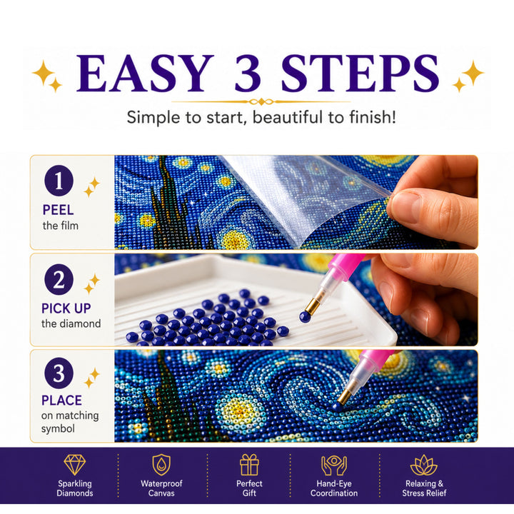Webby DIY Starry Night 5D Diamond Painting Art and Craft Kit | Waterproof Canvas, Includes Diamond Pen, Stress Relief Activity, Resealable Storage Bags, Colour Chart Included