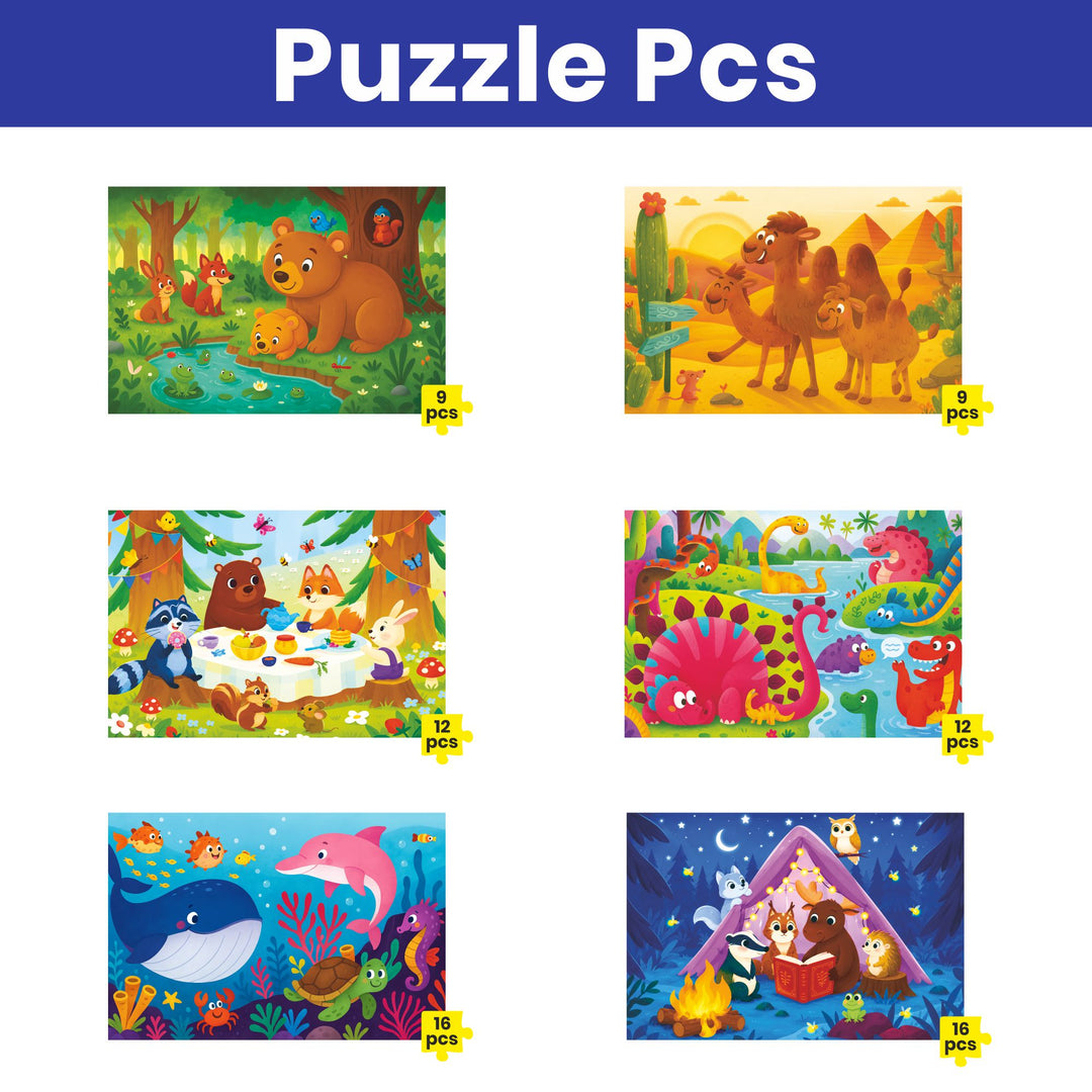 Webby Animal Worlds Level Up Jigsaw Puzzles for Kids | 6 Puzzles in 1 Box, 9, 12 & 16 Pieces, Ages 2+ Years