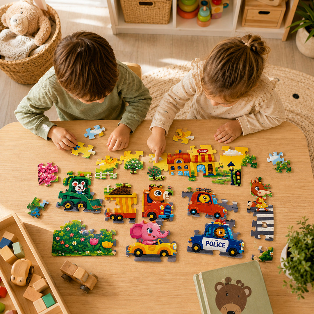 Webby Busy Vehicles Level Up Jigsaw Puzzles for Kids | 4 Puzzles in 1 Box, 21-28 Pieces per Puzzle, Ages 4+ Years
