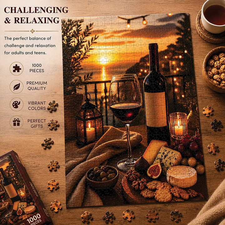Webby Wine and Cheese Jigsaw Puzzle 1000 Pieces | Precision-Cut Pieces, Vibrant Rich Colours, Family Activity, Sunset Art Design