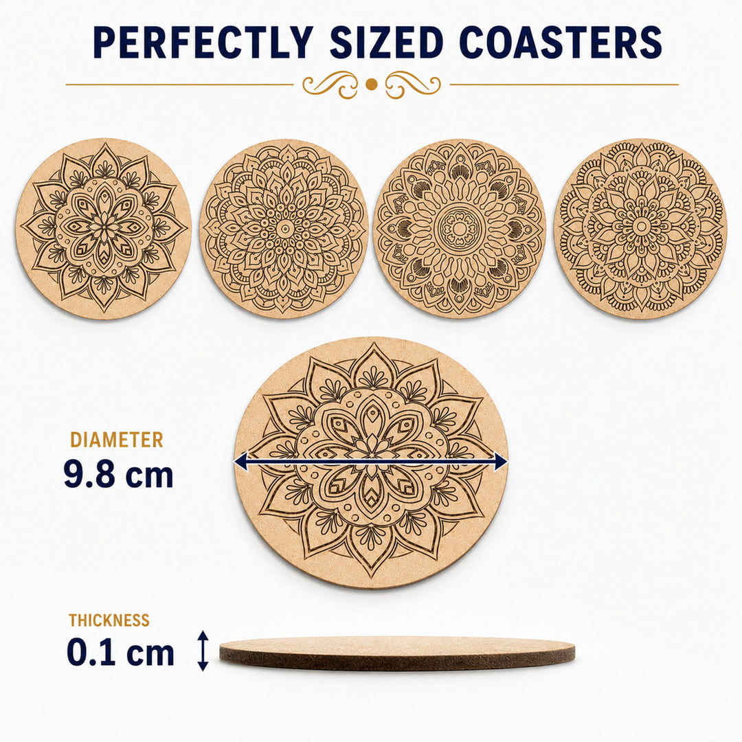 Webby DIY Art and Craft Wooden Mandala Coaster Set | Ages 7+ Years, Includes Paints & Brush, Pre-Engraved Designs, Eco-Friendly Wood, Display Stand Included