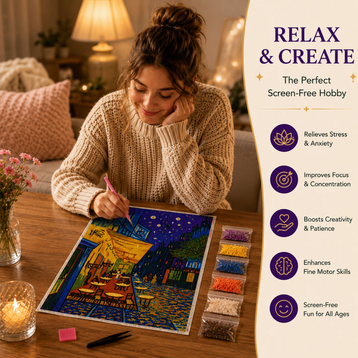 Webby Café Night 5D Diamond Painting Kit | Waterproof Canvas, 5D Diamond Beads, Includes Pen & Tweezer, Stress Relieving, For All Ages