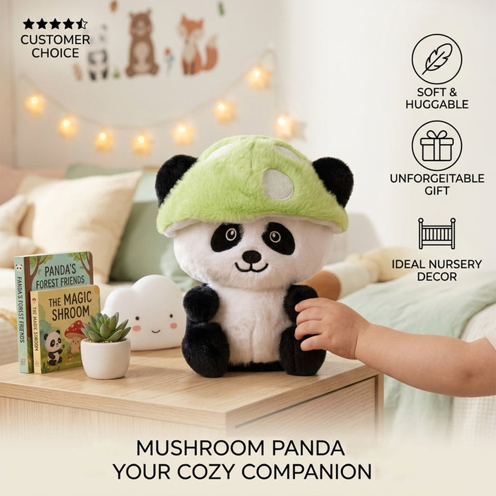 Webby Plush Mushroom-Capped Panda Soft Toy | Soft & Huggable, Ideal Nursery Decor, Green Mushroom Cap, For Kids