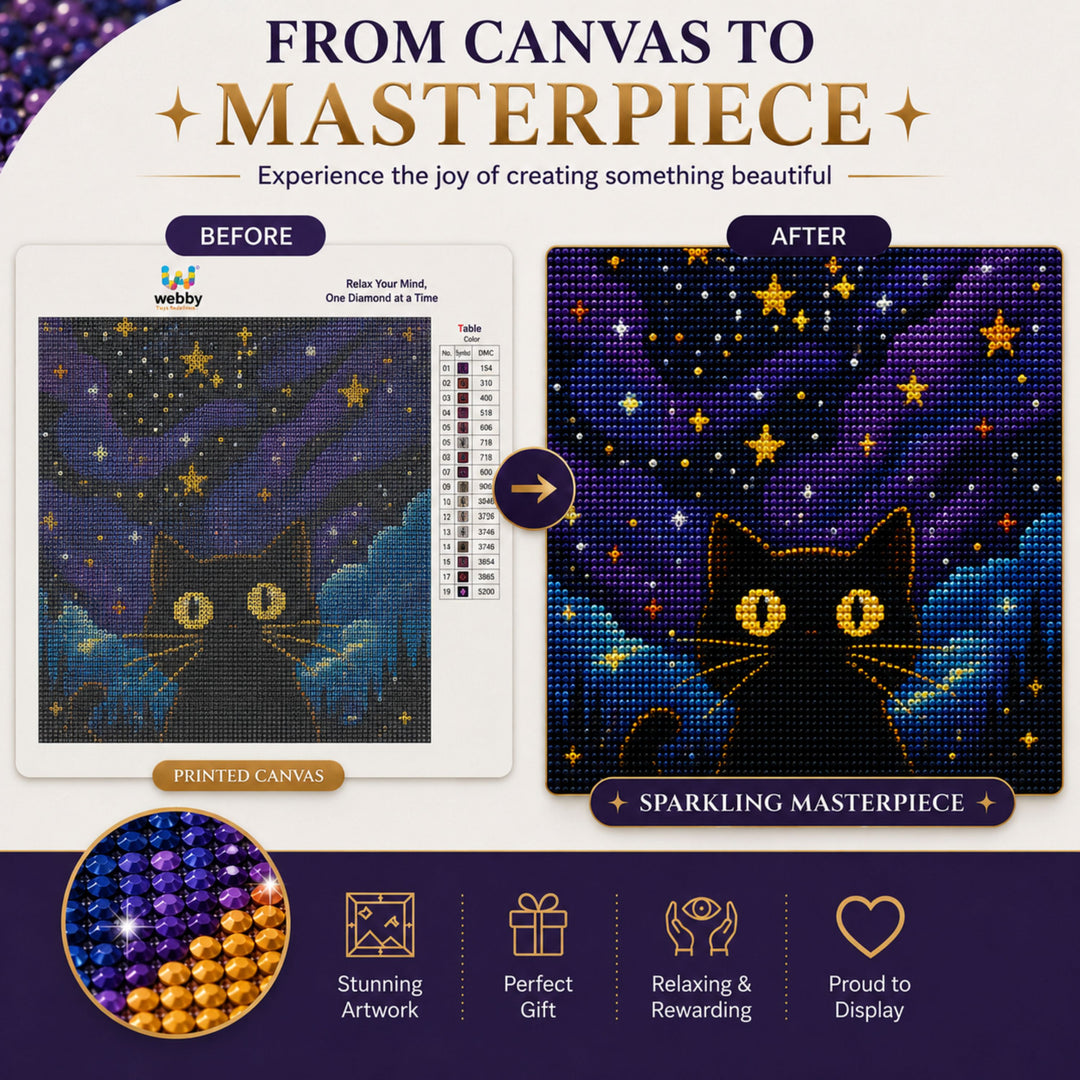 Webby Mystic Cat 5D Diamond Painting Art and Craft Kit | DIY Activity, Waterproof Canvas, 5D Crystal Diamonds, Includes Tools & Tray, Stress Relief