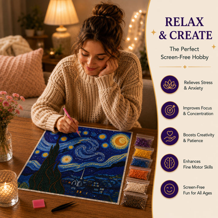 Webby DIY Starry Night 5D Diamond Painting Art and Craft Kit | Waterproof Canvas, Includes Diamond Pen, Stress Relief Activity, Resealable Storage Bags, Colour Chart Included