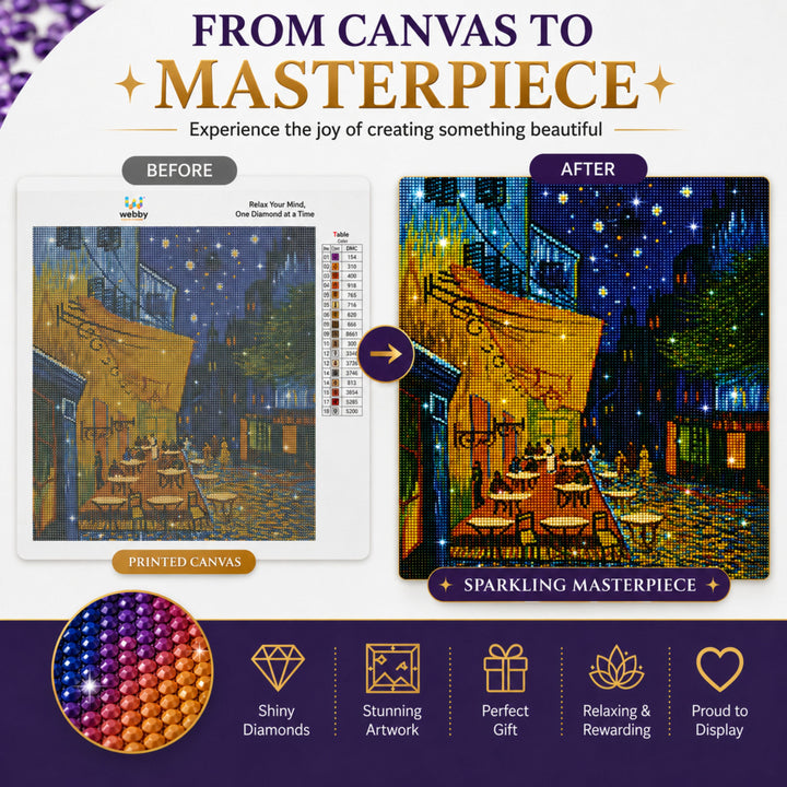 Webby Café Night 5D Diamond Painting Kit | Waterproof Canvas, 5D Diamond Beads, Includes Pen & Tweezer, Stress Relieving, For All Ages