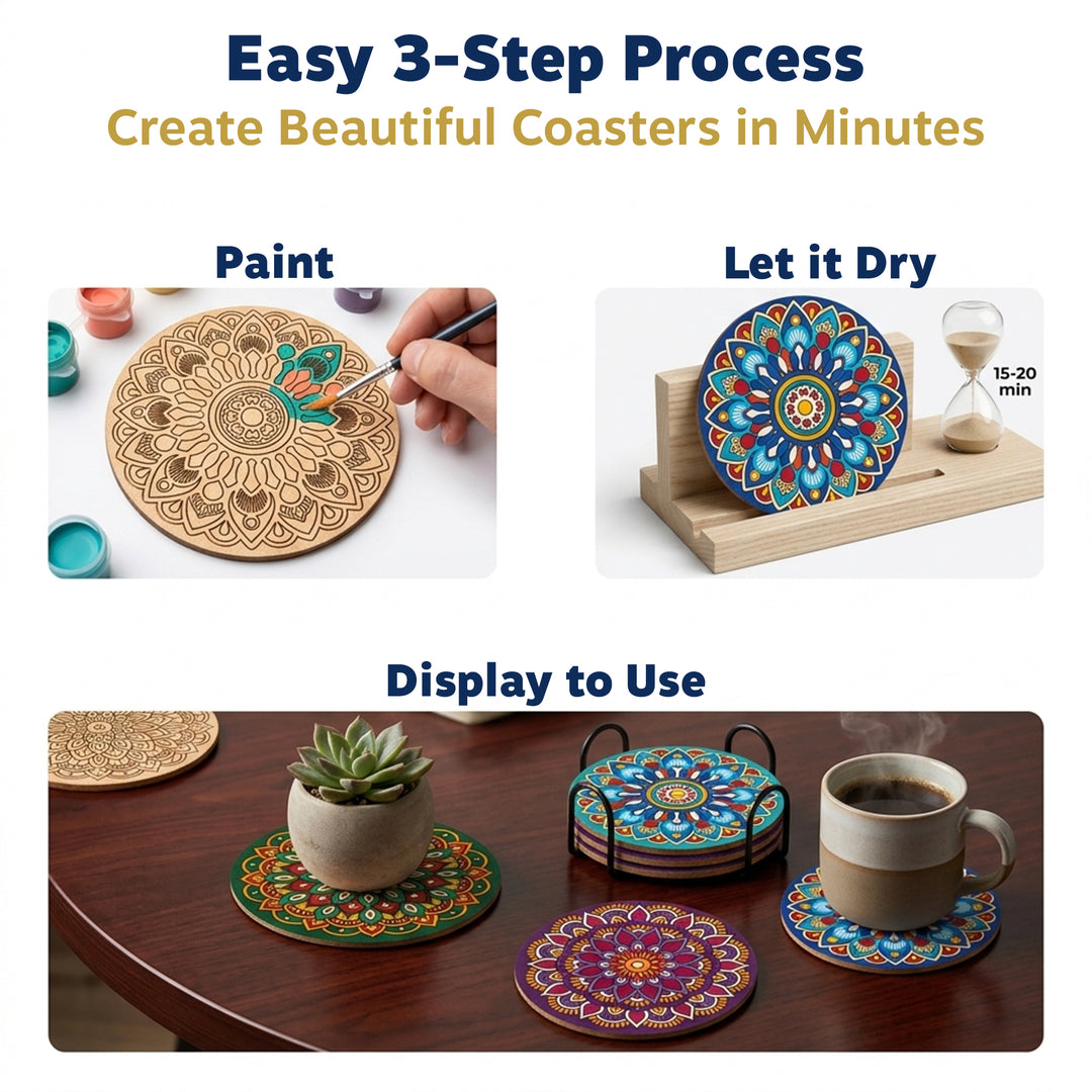 Webby DIY Art and Craft Wooden Mandala Coaster Set | Ages 7+ Years, Includes Paints & Brush, Pre-Engraved Designs, Eco-Friendly Wood, Display Stand Included